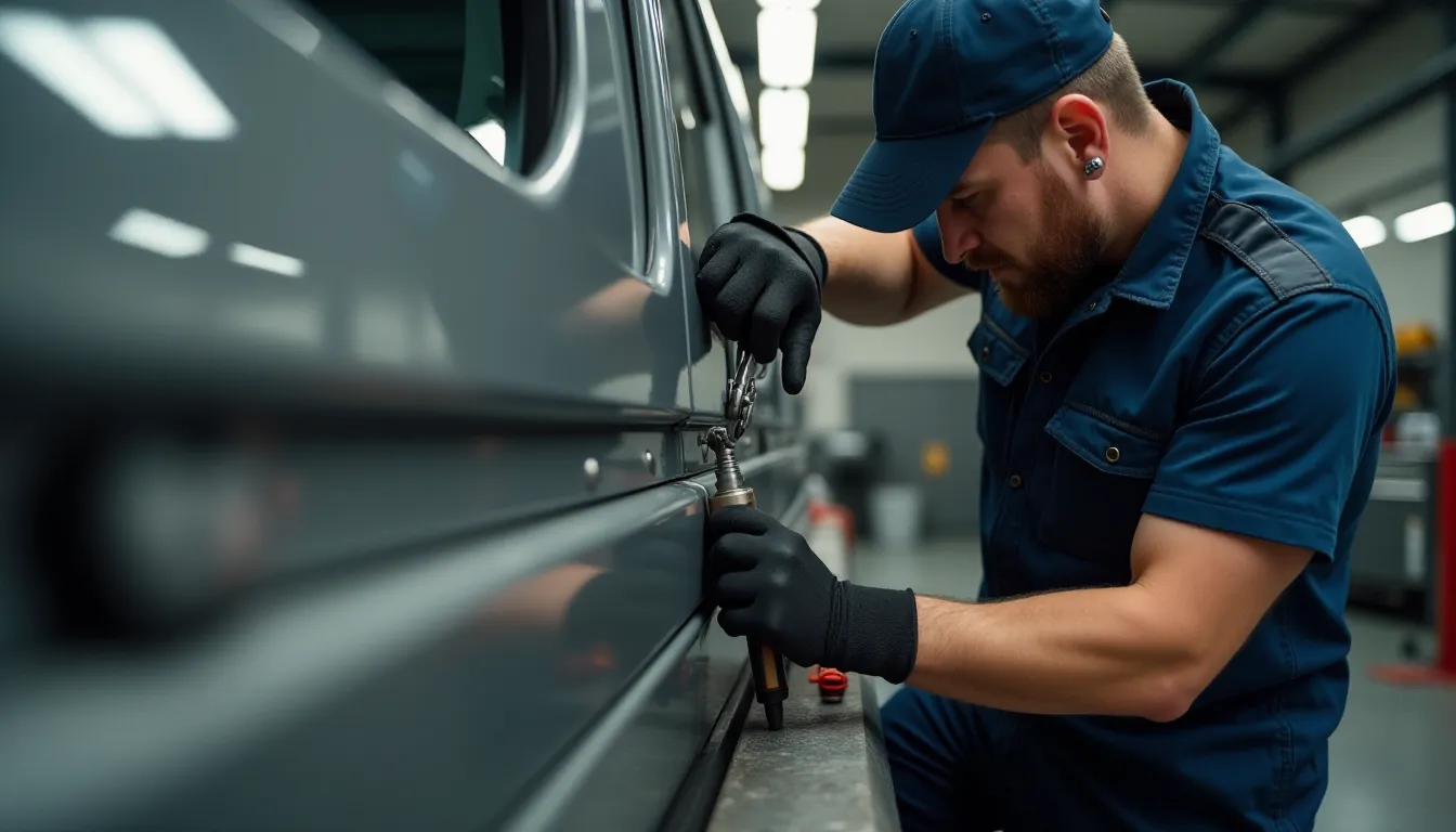 Technicien serrurier fixant une plaque de renfort en acier sur la porte coulissante d'un utilitaire gris lors de la pose d'une serrure anti effraction professionnelle