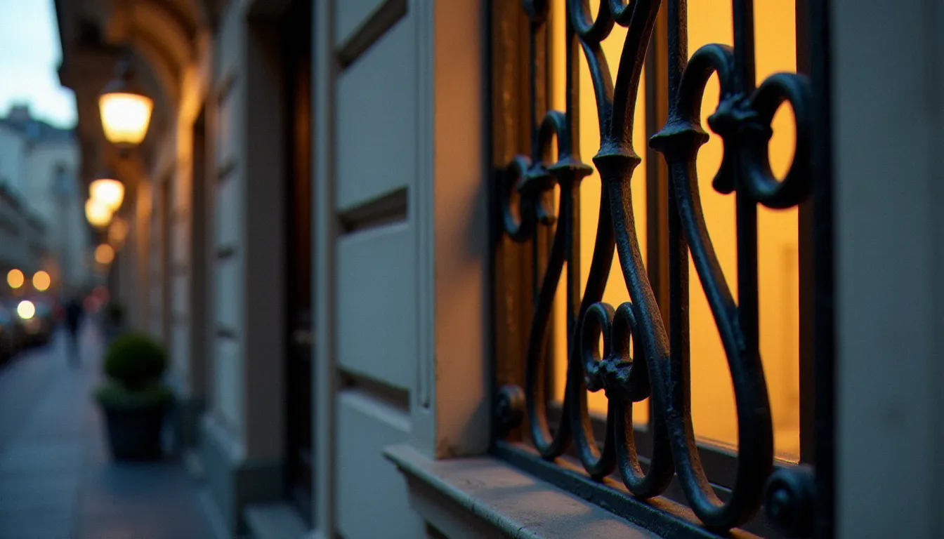 Grille de serrurier décorative en fer forgé installée sur la fenêtre d'un immeuble haussmannien à Lyon, éclairage de soirée