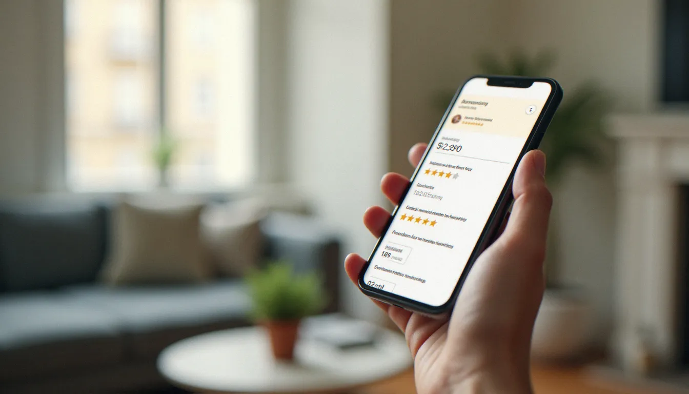 Main tenant un smartphone affichant des avis clients étoilés d'un serrurier, illustration de la méthode pour lire et évaluer les luciole serrurerie avis en ligne