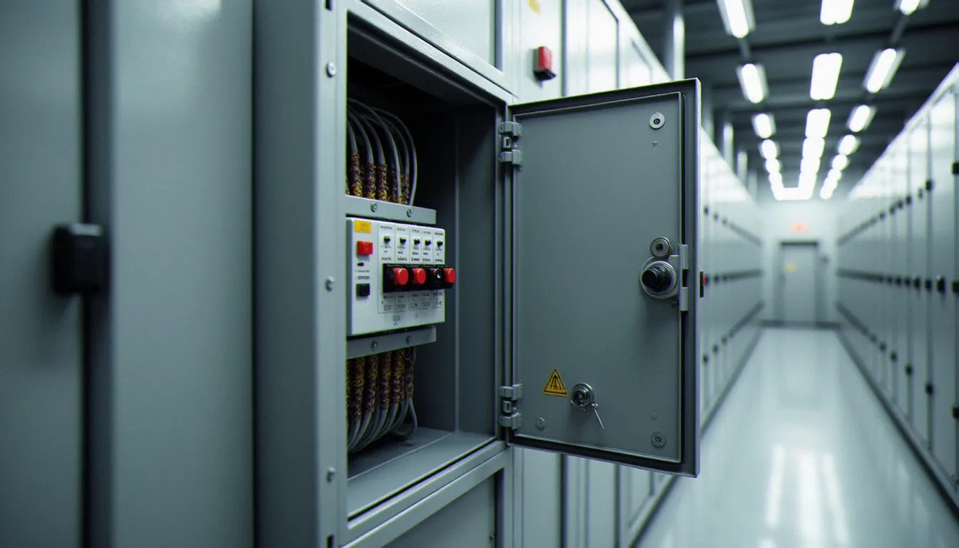 Coffret électrique industriel ouvert montrant des rangées de disjoncteurs et une serrure à cylindre intégrée à la porte du panneau