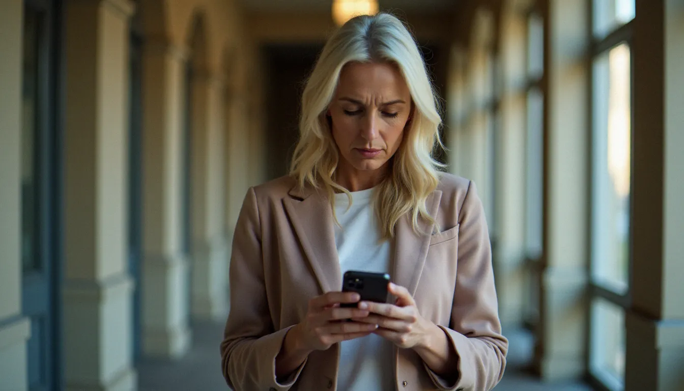 Client lisant des avis de serrurerie sur son smartphone dans un couloir d'immeuble avant de choisir un serrurier à Lyon