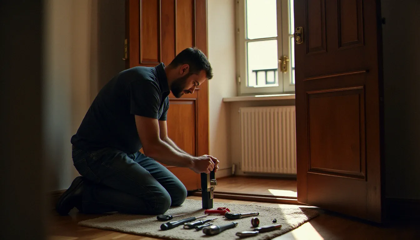 Serrurier certifié posant un cylindre de sécurité A2P sur une porte résidentielle à Lyon lors d'une intervention de remplacement professionnelle