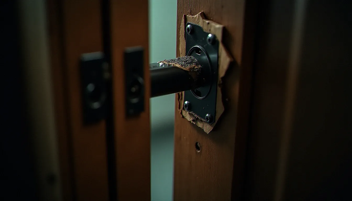 Porte d'entrée endommagée après tentative d'effraction, illustrant les situations d'urgence qui génèrent des avis négatifs sur les serruriers