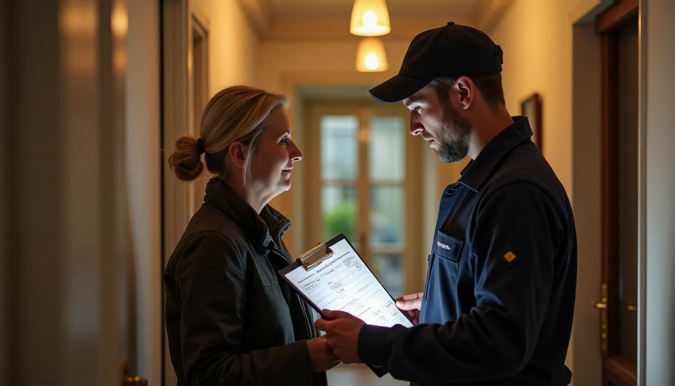 Technicien serrurier présentant un devis écrit détaillé à une cliente avant intervention à Lyon, pratique essentielle recommandée lors de l'évaluation des avis serrurerie