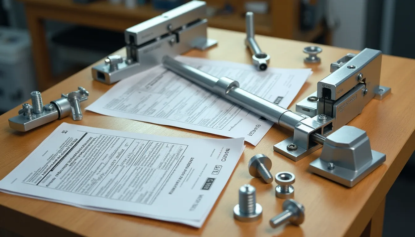 Différents modèles de serres et ferrures de sécurité Biason disposés sur un établi de serrurier avec leurs fiches techniques de certification