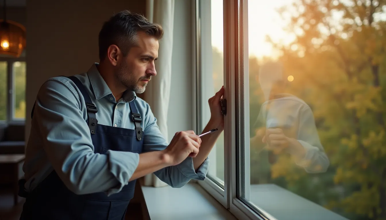 Serrurier ajustant avec précision une serre castet Biason sur une baie vitrée aluminium lors d'une intervention professionnelle à domicile à Lyon