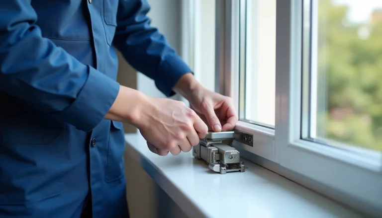 Serrurier professionnel installant un système biason serres castet sur une fenêtre PVC blanche lors d'une intervention à Lyon