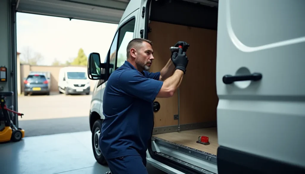 serrure anti effraction utilitaire featured Serrurier professionnel en train d'installer une serrure anti effraction utilitaire multipoints sur les portes arrière d'un fourgon blanc dans un atelier