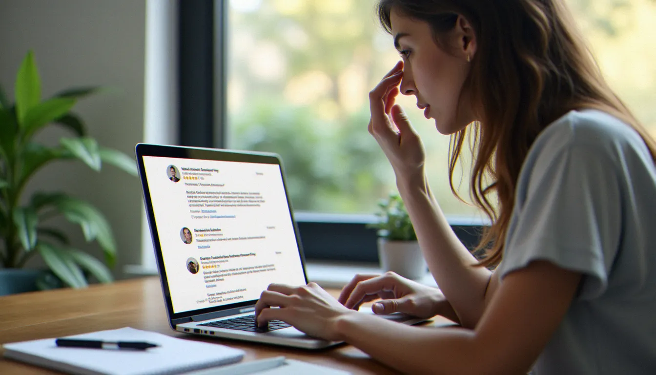 Particulier lisant attentivement les avis clients d'un serrurier sur son ordinateur, étape de vérification recommandée avant de contacter Adam Serrurerie ou tout autre professionnel
