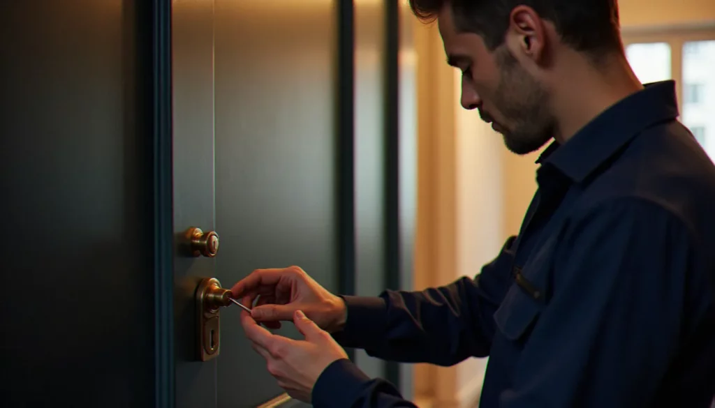 adam serrurerie avis featured Serrurier professionnel examinant un cylindre de serrure haute sécurité sur une porte d'appartement à Lyon, contexte d'évaluation d'un avis Adam Serrurerie avant intervention