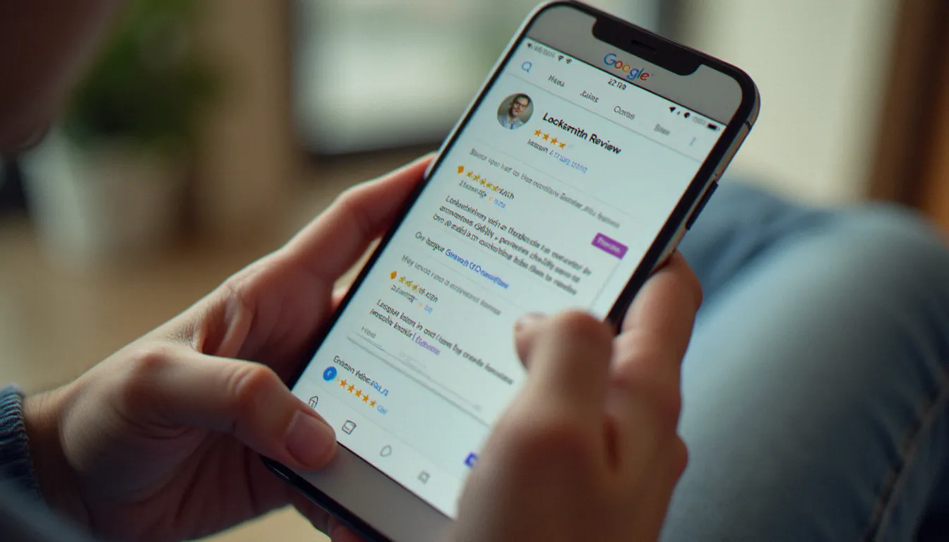 Personne consultant des avis en ligne sur smartphone pour choisir un serrurier fiable dans le sud lyonnais