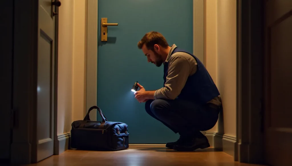 avis serrurerie sud featured Serrurier professionnel examinant une serrure de porte d'appartement à Lyon, représentant les avis serrurerie sud et l'expertise technique locale