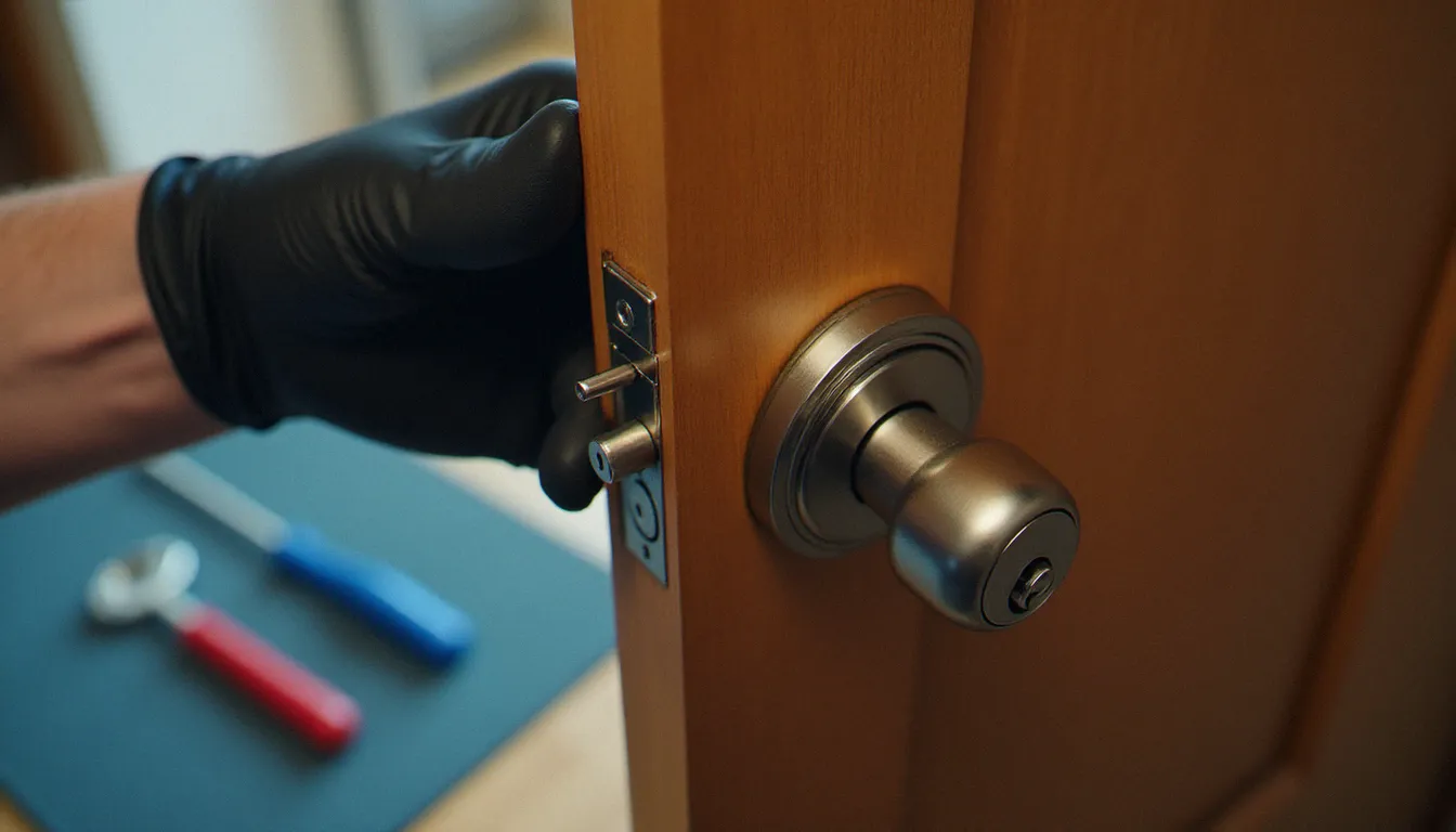Gros plan sur l'installation d'un cylindre de serrure certifié A2P par un serrurier professionnel sur une porte d'appartement parisien