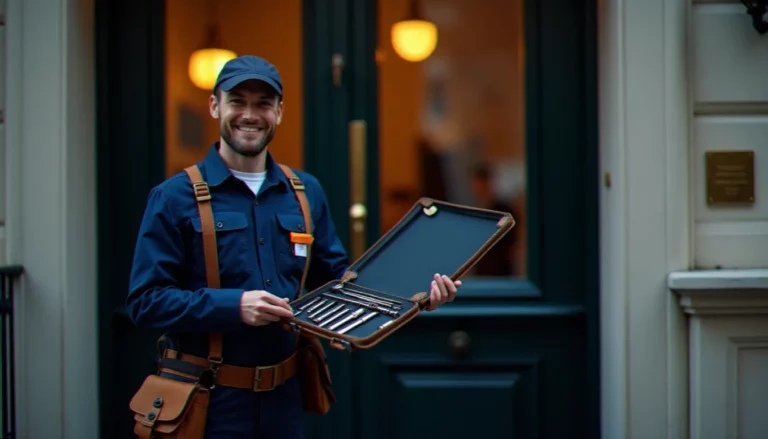Serrurier professionnel en tenue de travail devant une porte d'immeuble parisien dans le 13e arrondissement, illustrant un service de france serrurerie paris 13 disponible 24h/24