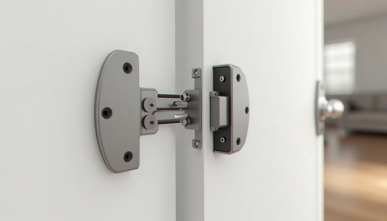 Vue intérieure d'une serrure multipoints cinq points installée dans une porte blanche épaisse, montrant les pênes étendus dans les gâches et les tringles de transmission du mécanisme