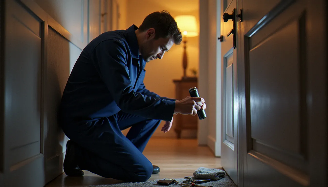 Serrurier professionnel examinant une serrure de porte d'appartement à Lyon, illustration concrète de ce que révèlent les luciole serrurerie avis clients