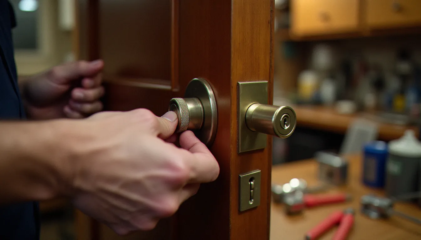 Serrurier professionnel vissant la rosace intérieure d'une serrure avec bouton moleté sur une porte en bois lors d'une installation à domicile