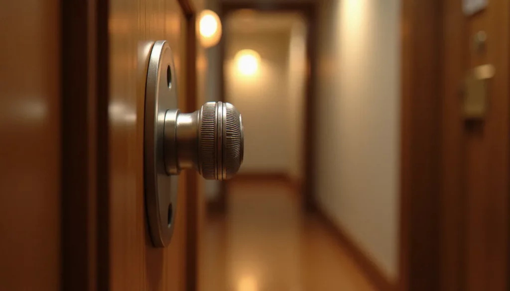 serrure avec bouton molete featured Gros plan sur une serrure avec bouton moleté chromé côté intérieur d'une porte d'entrée en bois, avec le bouton rotatif strié bien visible au centre de la rosace