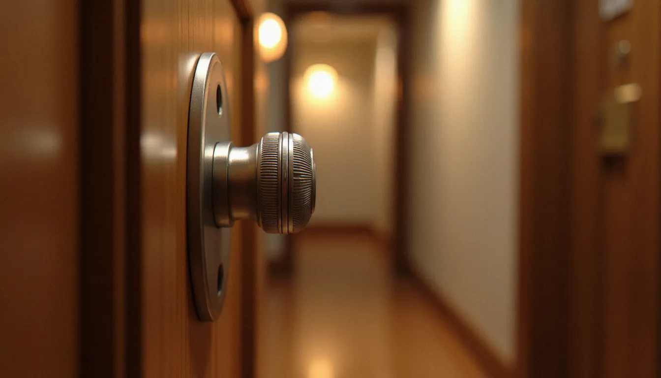 Gros plan sur une serrure avec bouton moleté chromé côté intérieur d'une porte d'entrée en bois, avec le bouton rotatif strié bien visible au centre de la rosace