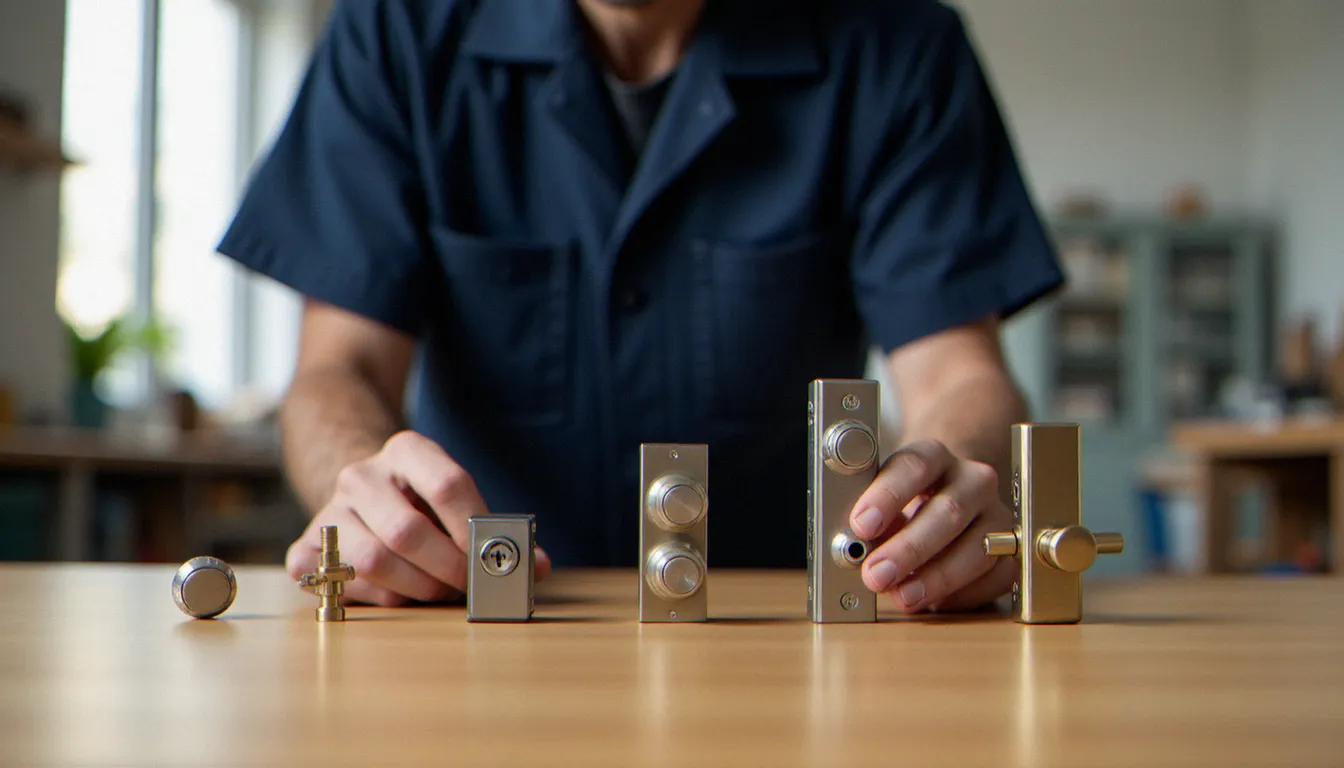 Serrurier professionnel présentant différents modèles de serrures avec clé pour chambre disposés sur un établi en bois dans un atelier de serrurerie