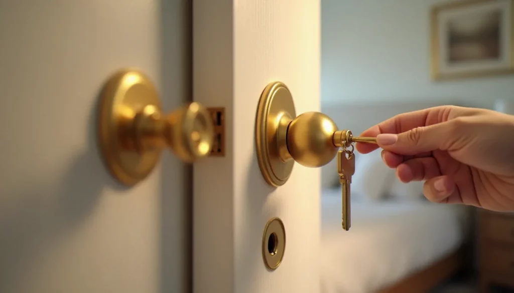 serrure avec cle pour chambre featured Serrure avec clé pour chambre en laiton poli montée sur une porte intérieure blanche, avec une clé insérée dans le cylindre dans un intérieur résidentiel lumineux