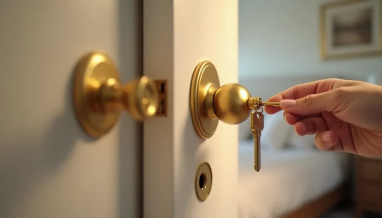 Serrure avec clé pour chambre en laiton poli montée sur une porte intérieure blanche, avec une clé insérée dans le cylindre dans un intérieur résidentiel lumineux