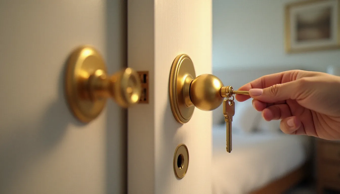 Serrure avec clé pour chambre en laiton poli montée sur une porte intérieure blanche, avec une clé insérée dans le cylindre dans un intérieur résidentiel lumineux