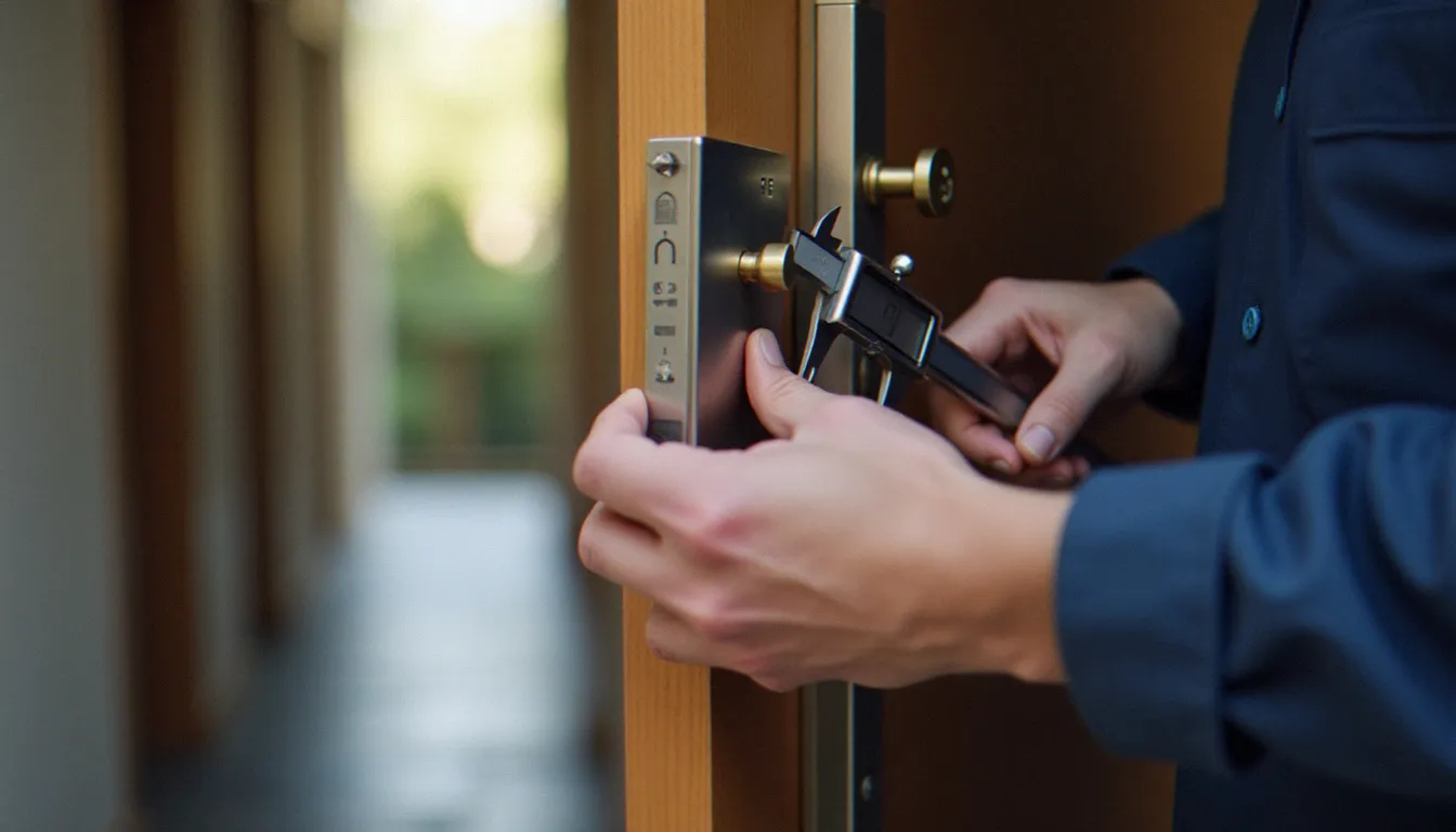 Serrurier mesurant avec précision la longueur d'un cylindre de serrure avant son remplacement sur une porte d'entrée résidentielle