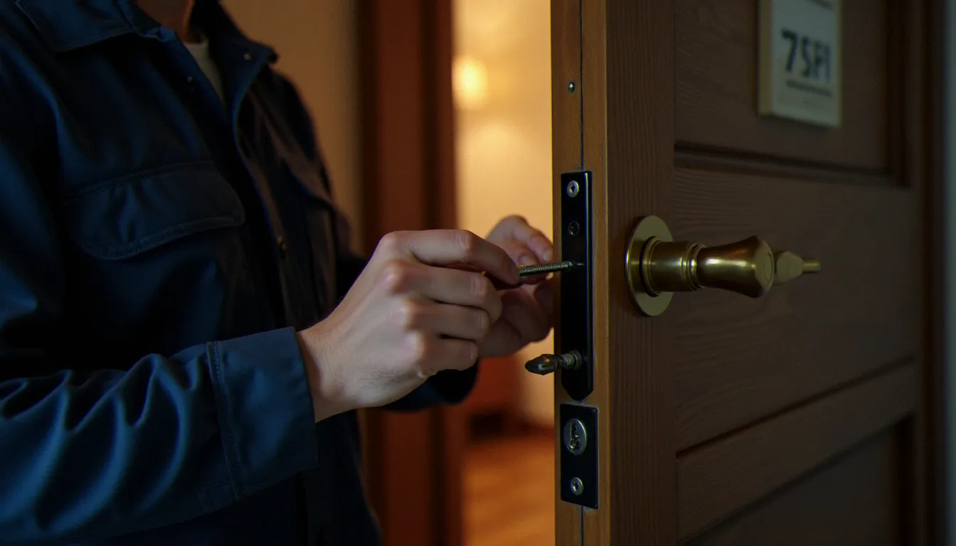 Serrurier professionnel en train d'installer une serrure avec loquet multipoints sur une porte d'appartement, mains visibles avec tournevis