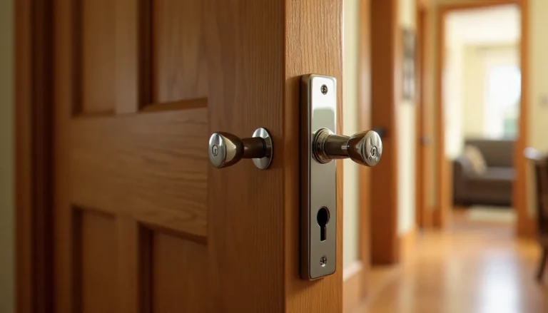 Serrure avec loquet en chrome sur la tranche d'une porte d'entrée en bois massif, loquet biseauté bien visible en position saillante