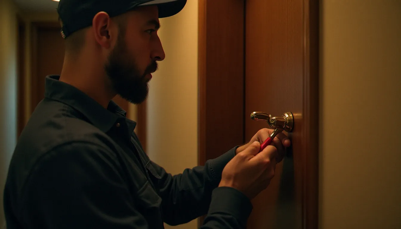 Serrurier professionnel en train de poser une serrure avec poignée multipoints sur une porte d'entrée en bois dans un couloir d'appartement