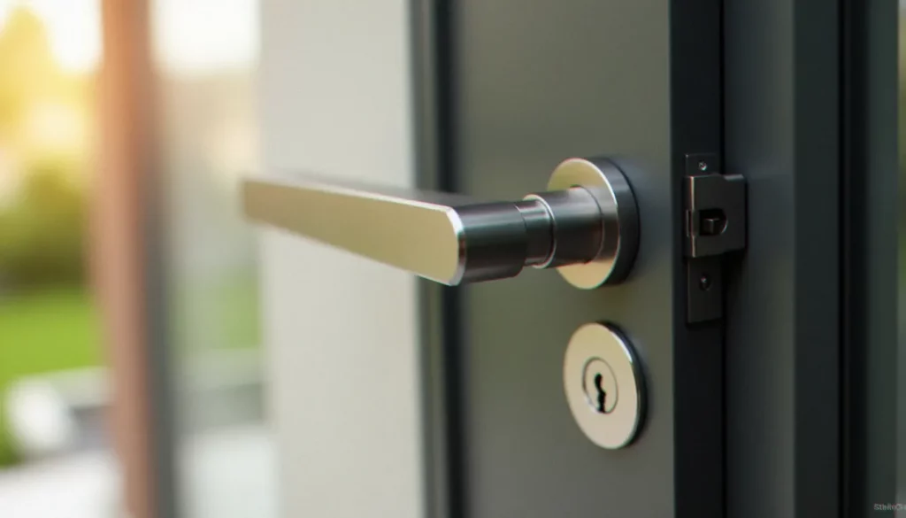 serrure avec poignee featured Serrure avec poignée en inox brossé sur une porte d'entrée moderne, avec cylindre et rosace visibles en pleine lumière naturelle