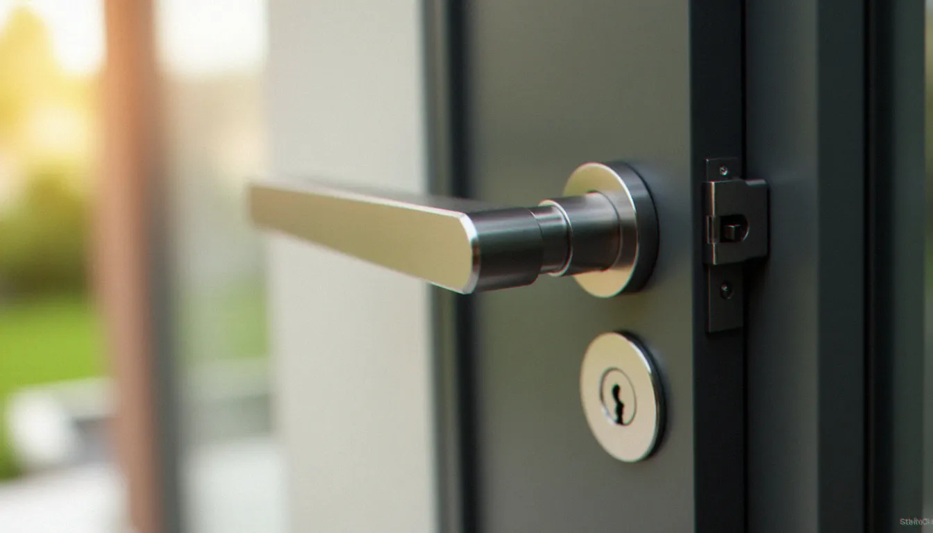 Serrure avec poignée en inox brossé sur une porte d'entrée moderne, avec cylindre et rosace visibles en pleine lumière naturelle