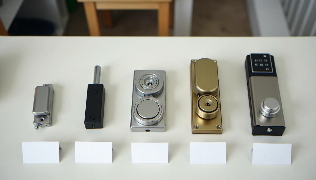 Comparaison de cinq types de serrures avec verrou disposées sur un établi, du modèle simple au multipoints haute sécurité