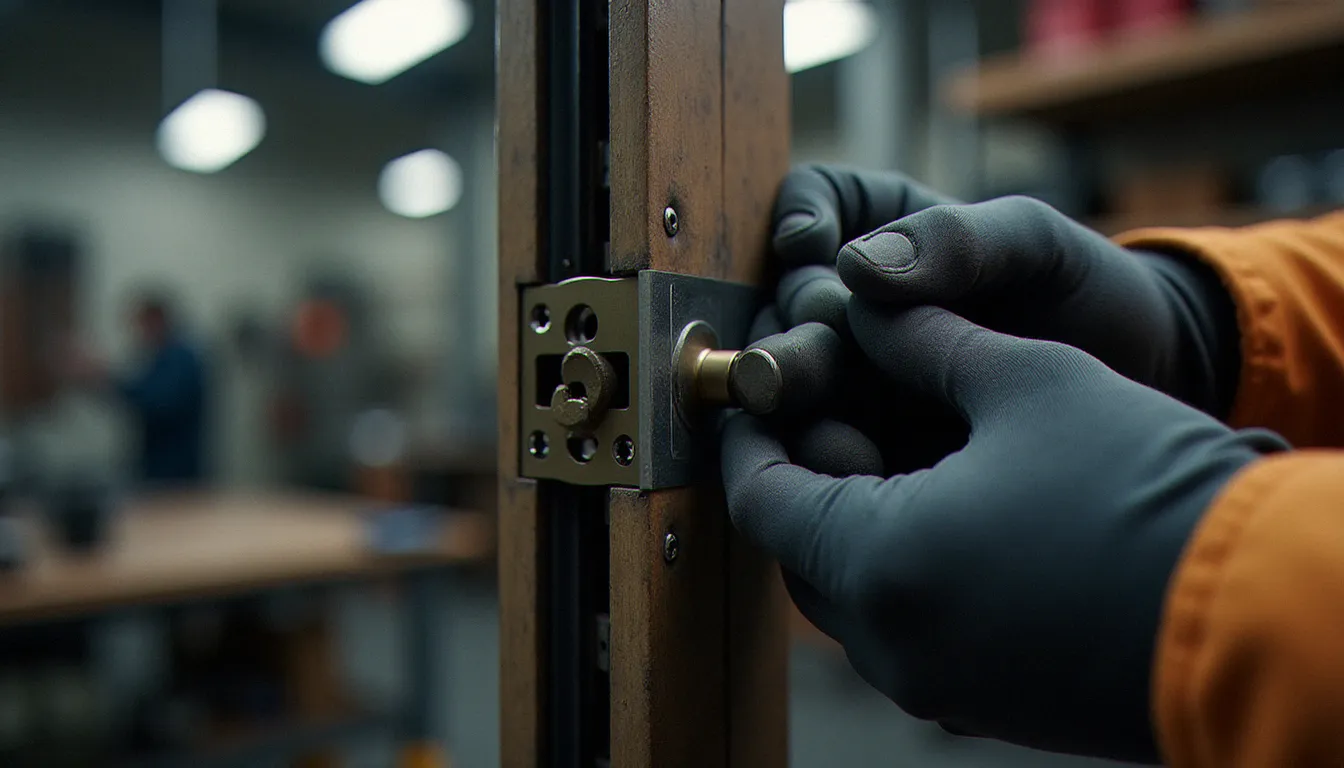 Serrurier installant une gâche de serrure avec verrou dans un bâti de porte métallique, montrant la profondeur d'engagement du pène