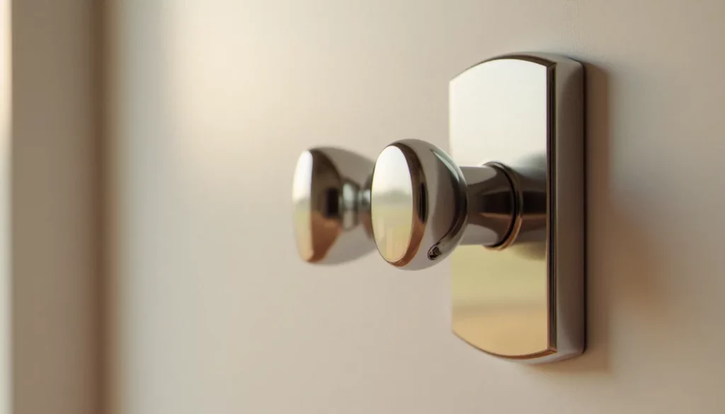 serrure avec verrou interieur featured Serrure avec verrou intérieur à bouton chromé installée sur une porte d'entrée en bois blanc peint, pêne dormant engagé en position de verrouillage