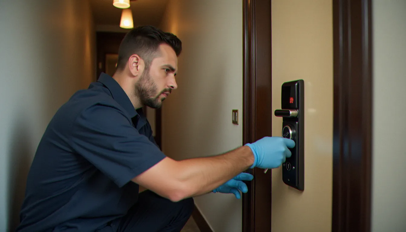 Serrurier professionnel en train d'installer une serrure biométrique 3 points sur une porte d'appartement renforcée à Lyon