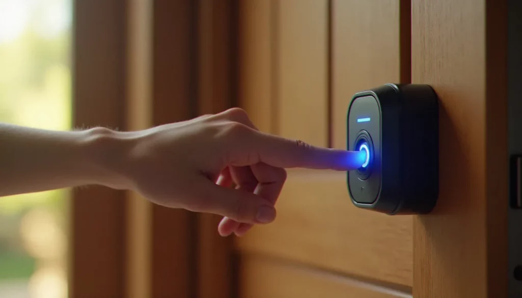 serrure biometrique 3 points featured Installation d'une serrure biométrique 3 points sur une porte d'entrée en bois, avec doigt posé sur le capteur d'empreinte digitale