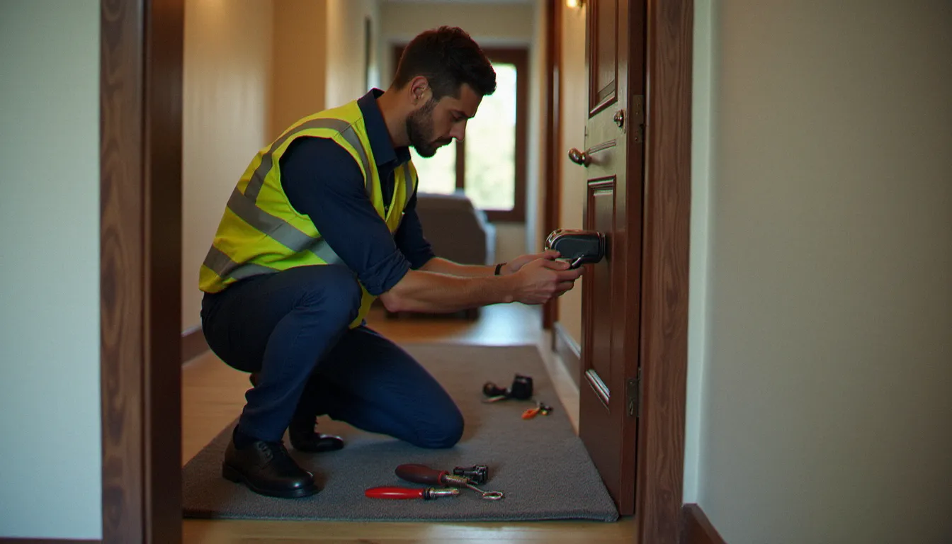 Serrurier professionnel installant une serrure biométrique à empreinte digitale sur une porte d'appartement dans un immeuble résidentiel
