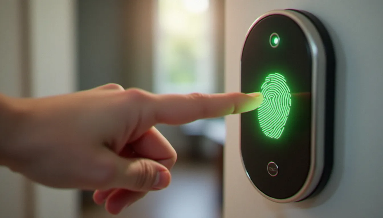Empreinte digitale scannée sur le capteur capacitif d'une serrure biométrique moderne avec voyant vert de validation, intérieur contemporain en arrière-plan