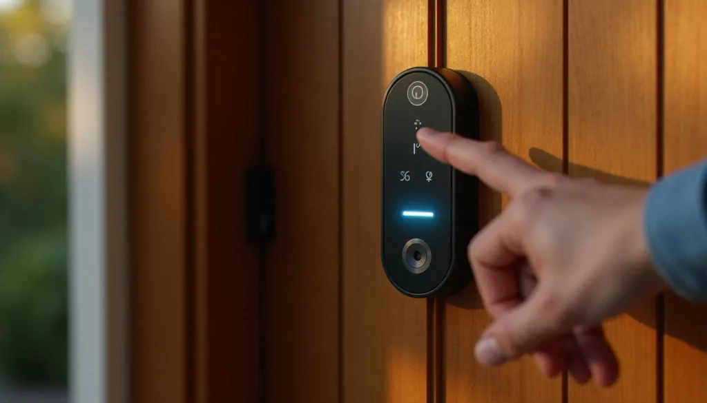 serrure biometrique a empreinte digitale featured Serrure biométrique à empreinte digitale noire installée sur une porte d'entrée en bois massif, doigt s'approchant du capteur lumineux