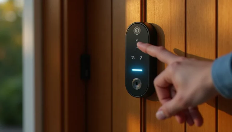 Serrure biométrique à empreinte digitale noire installée sur une porte d'entrée en bois massif, doigt s'approchant du capteur lumineux