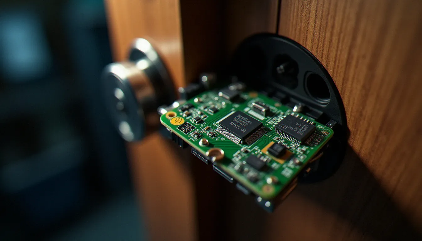 Vue en coupe du mécanisme électronique interne d'une serrure biométrique, montrant le circuit de traitement du capteur d'empreinte digitale