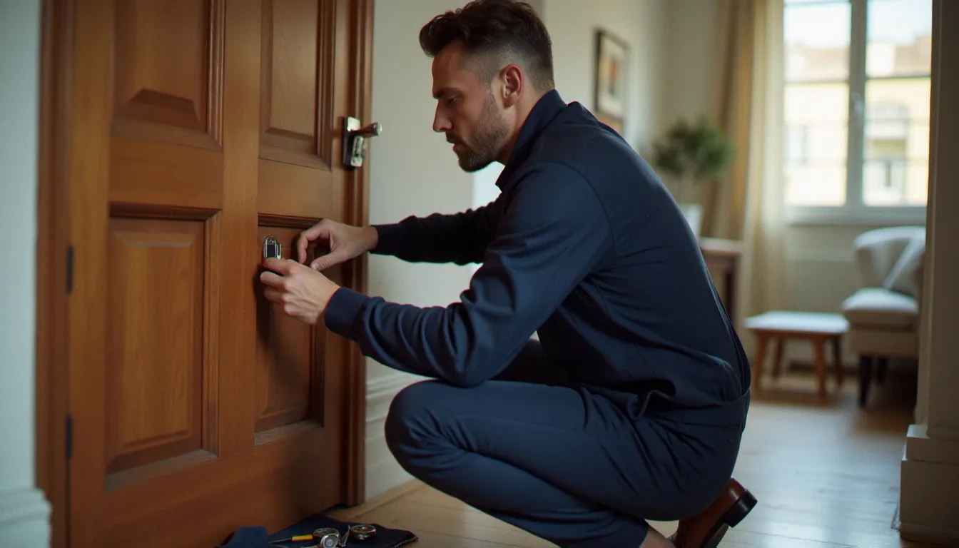 Serrurier professionnel en tenue de travail installant une serrure biométrique sur une porte d'entrée d'appartement, avec ses outils disposés sur le sol à côté de lui