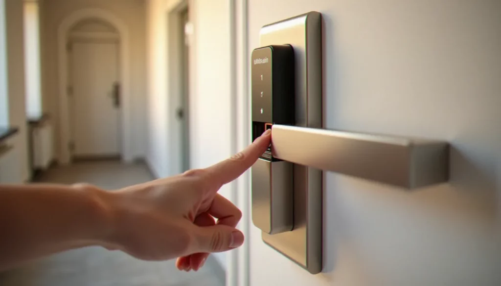 serrure biometrique porte d entree featured Serrure biométrique installée sur une porte d'entrée résidentielle blanche, avec un index approchant le capteur d'empreinte digitale en acier brossé