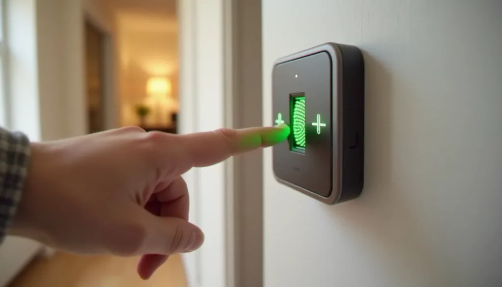 serrure biometrique samsung featured Serrure biométrique Samsung installée sur une porte d'appartement, doigt posé sur le capteur d'empreinte digitale