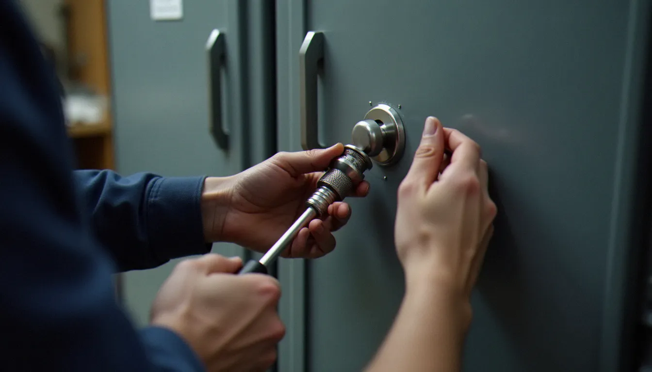 Serrurier professionnel posant une serrure coffret électrique en inox sur un tableau de distribution industriel gris anthracite