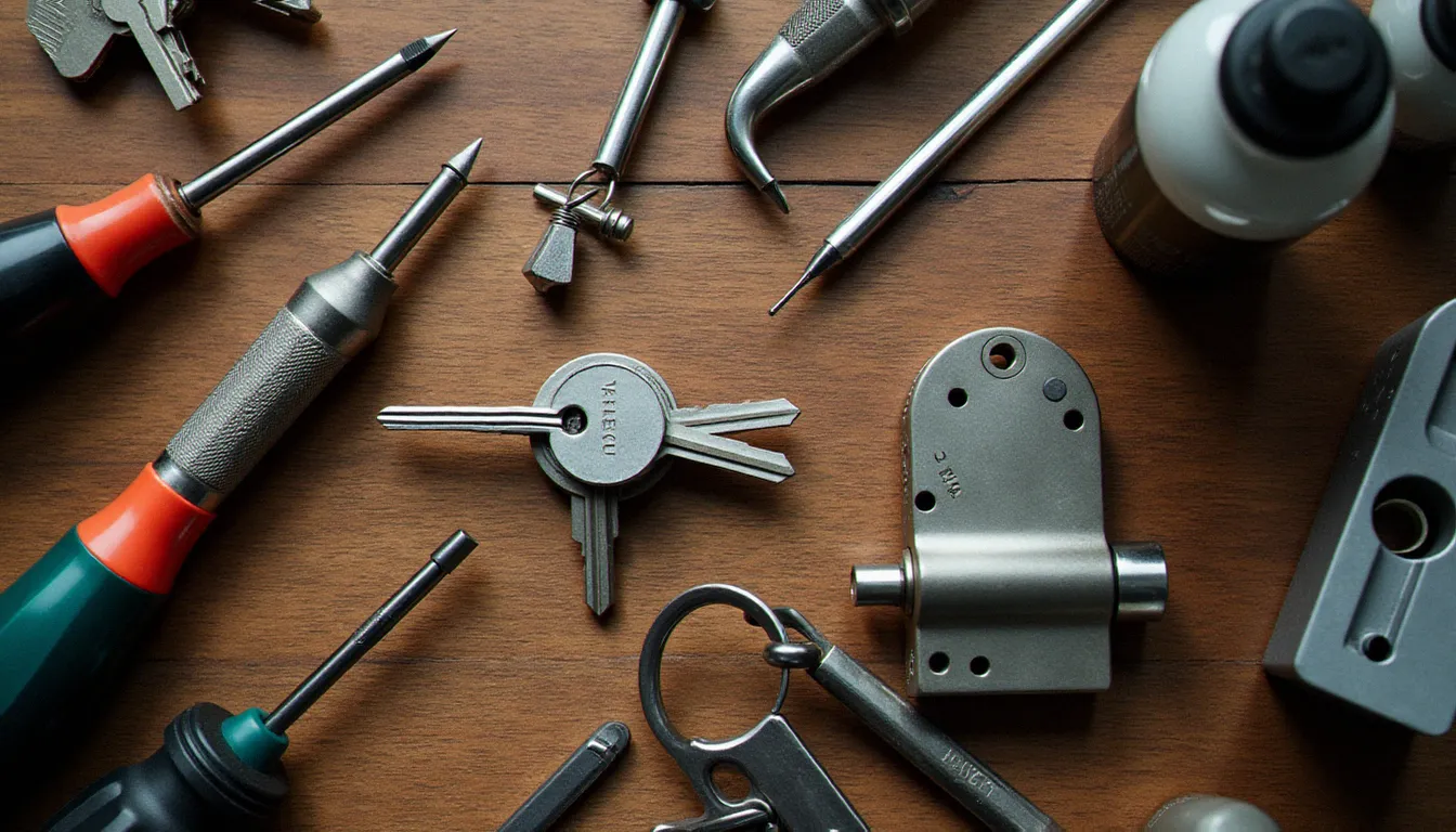 Ensemble des outils nécessaires pour enlever une serrure, disposés sur un établi en bois : tournevis, clés Allen, cylindre européen et boîtier de serrure à mortaise