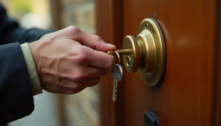 Serrurier tenant une clé devant un cylindre européen en laiton sur une porte en bois, illustrant comment ouvrir une serrure
