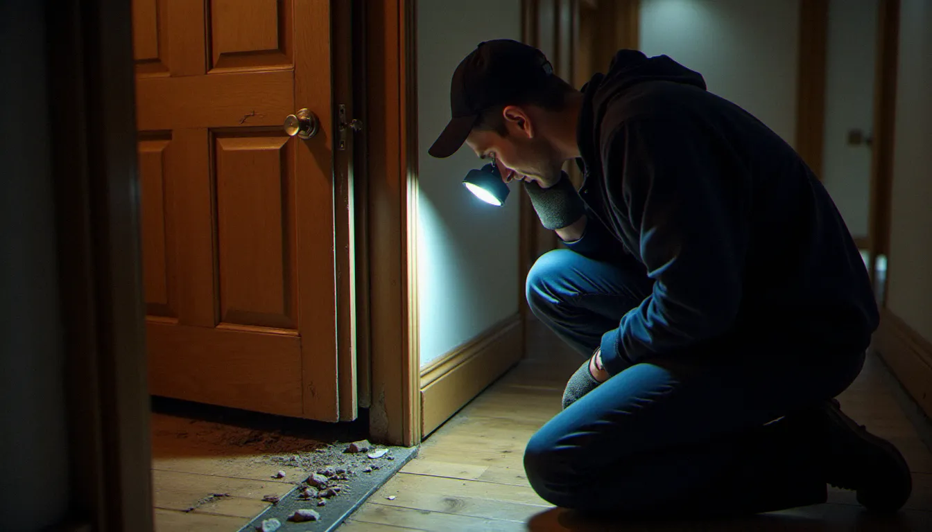 Serrurier inspectant les dégâts sur une porte et une serrure de porte après une tentative d'effraction dans un immeuble résidentiel français, soulignant l'importance d'une installation professionnelle